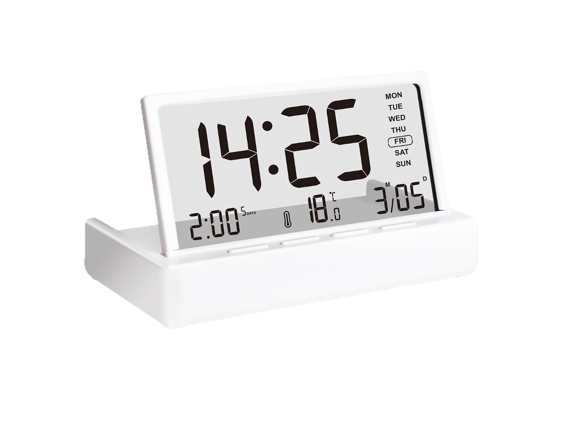 Reloj despertador plegable blanco creativo y sencillo con indicador de fecha y temperatura, reloj electrónico de escritorio Sfushos