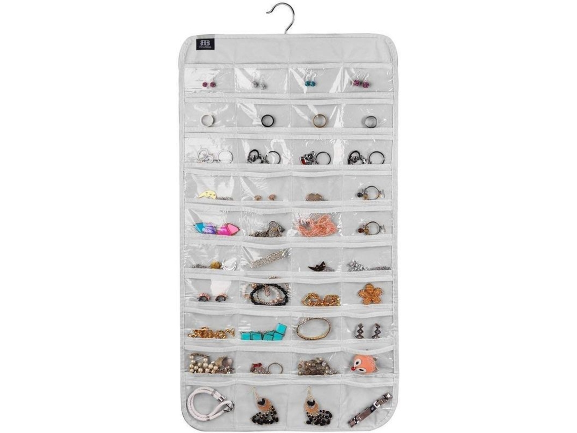 Organizador De Joyas Con 80 Bolsillos, Diseño Doble, Malla De Algodón Y Colgador De Aluminio Extraíble (blanco)