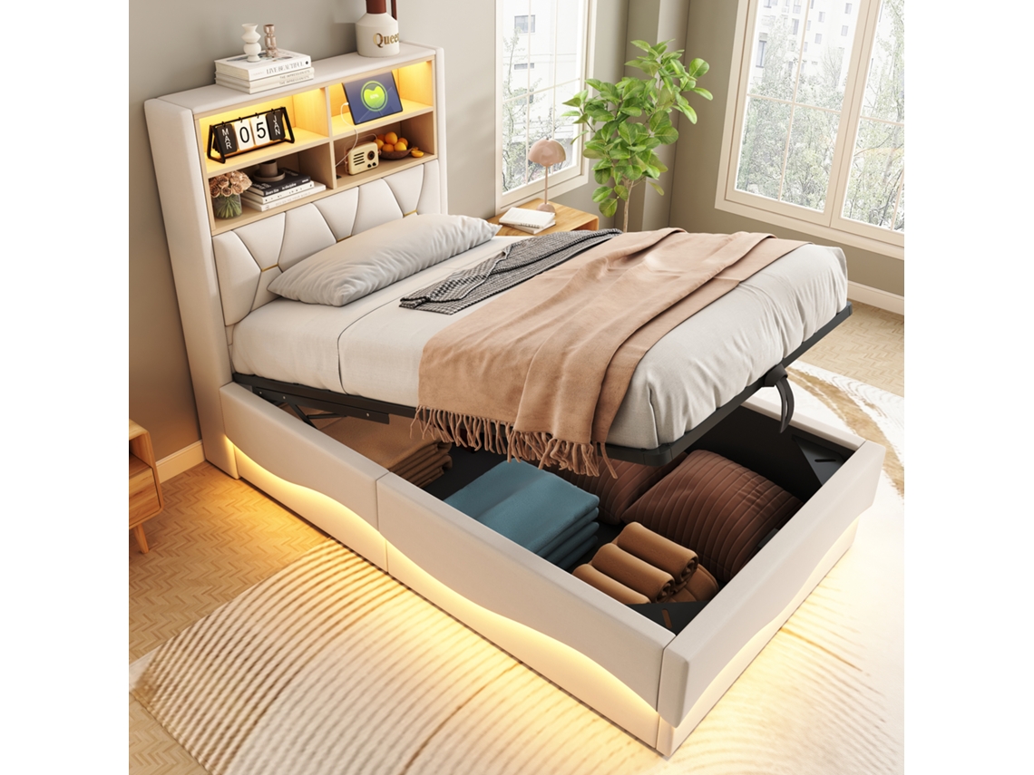 Cama Infantil De 90x200 Cm, Hidráulica, Con Iluminación Led, App, Usb, Somier De Láminas Metálicas Y Lino Beige.