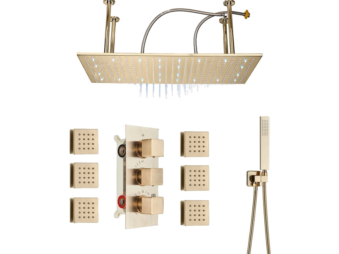 Juego de ducha de oro cepillado, control termostático, diseño de triple manija, OEM de oro cepillado