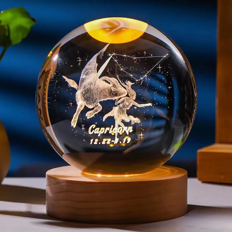 (Capricornio 6x6cm con luz) Bola de cristal de 6,8 cm con doce constelaciones, base de madera con LED