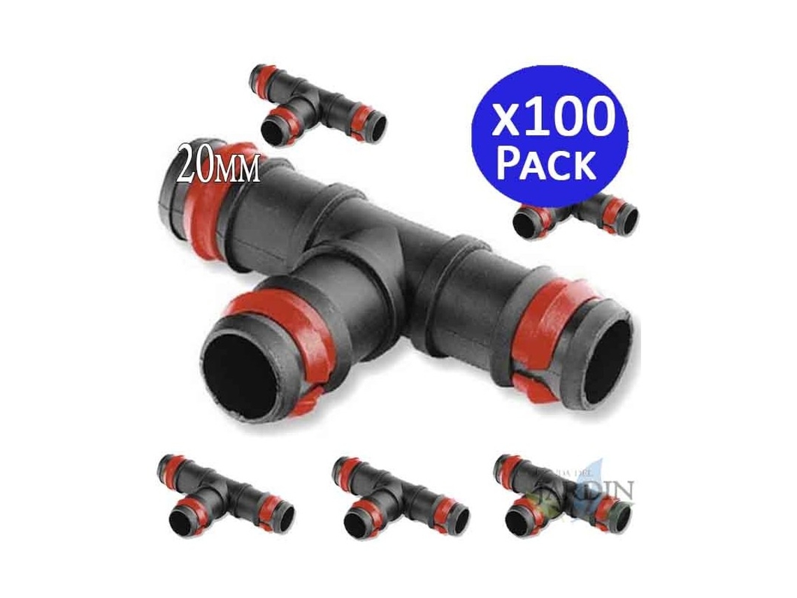 100 X Te Goteo 20Mm Con Anilla Seguridad. Unión para Tubo de Goteo Diámetro 20 Mm. Color Negro. SUINGA