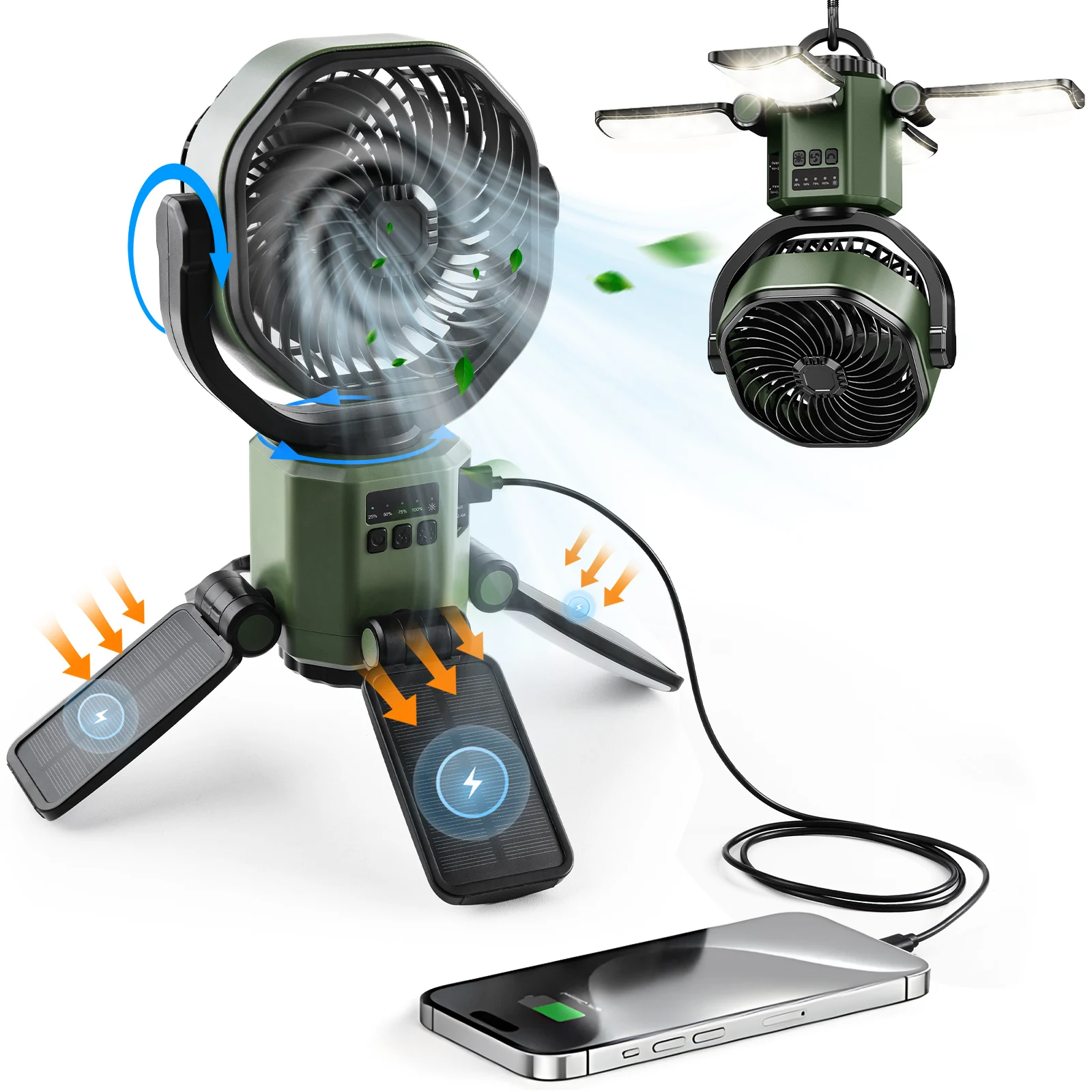 Ventilador Solar (verde), 4 Velocidades, Con Luz Led, Para Exteriores.