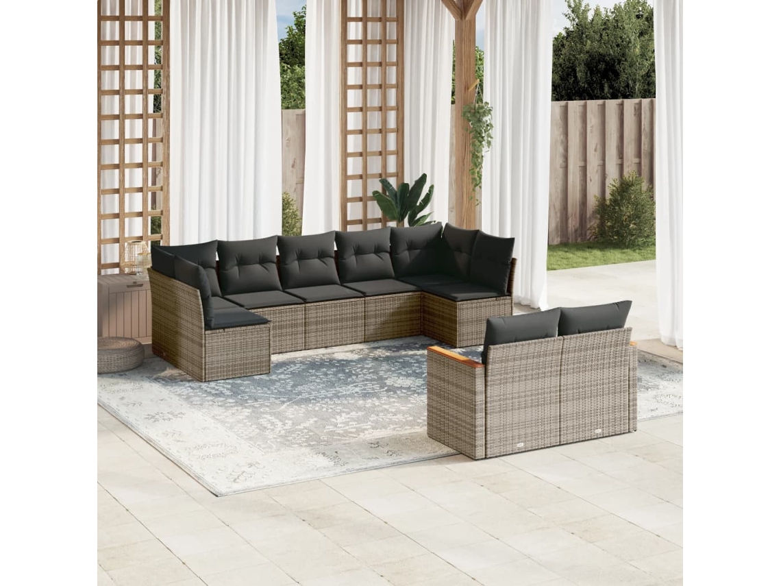 Conjunto de sofá de jardín de 9 piezas con cojines, mimbre gris, DKD Home Decor