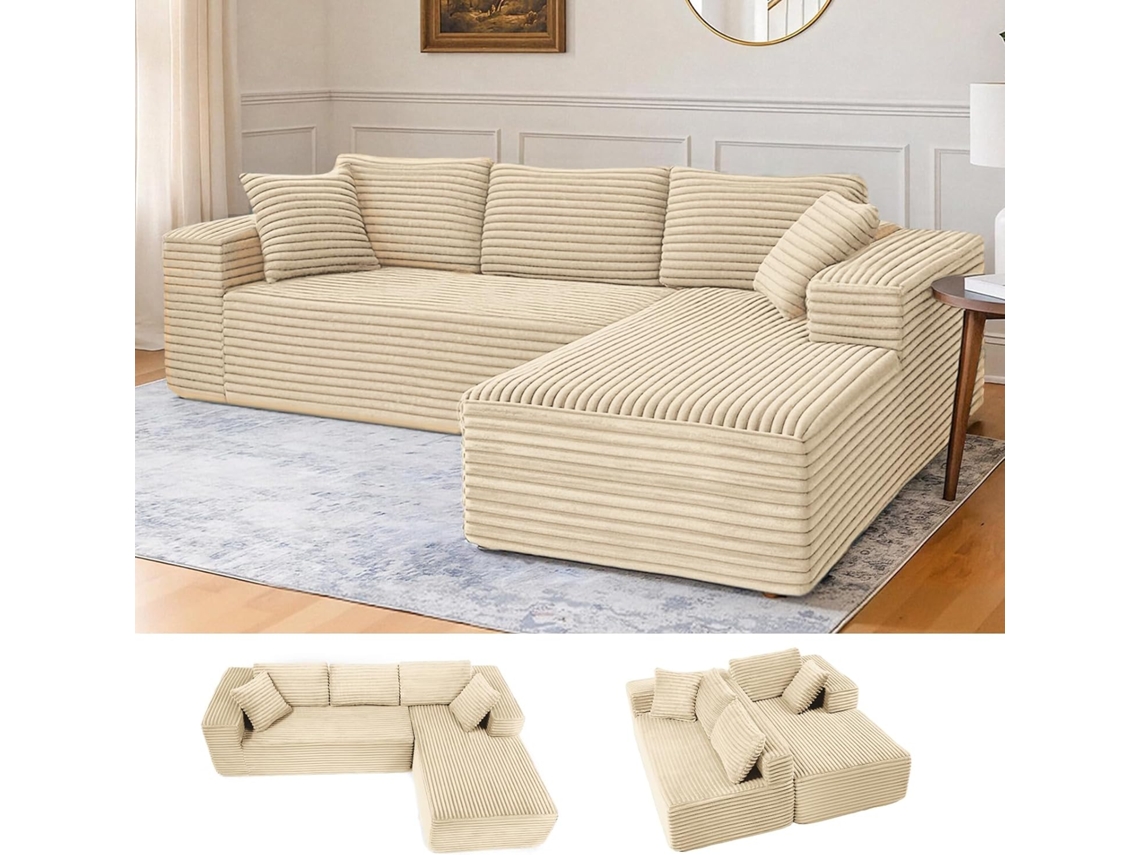Sofá modular de 265 cm, en forma de L con brazos anchos, tela Bombazine, chaise longue, no requiere ensamblaje. Comhoma