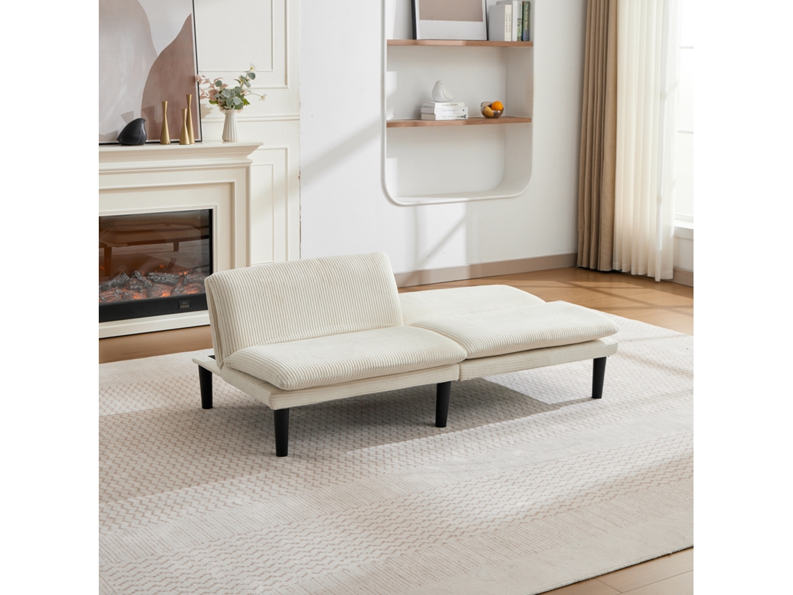 Sofá 2 Plazas Reclinable 106-140-180°, Respaldo 3 Posiciones, Pies Plástico Negro, Terciopelo Pana, Estructura Madera – Beige
