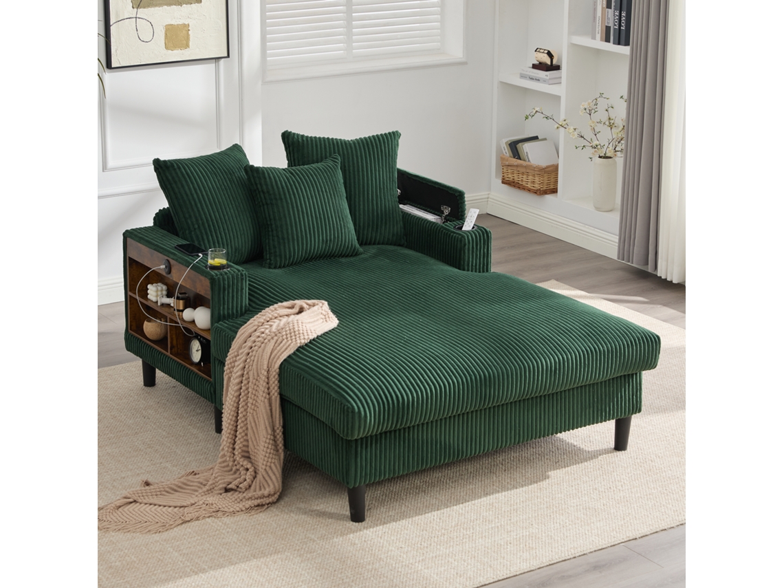 Chaise Longue Multifuncional Em Veludo Cotelê Com Led, Usb E Porta-copos