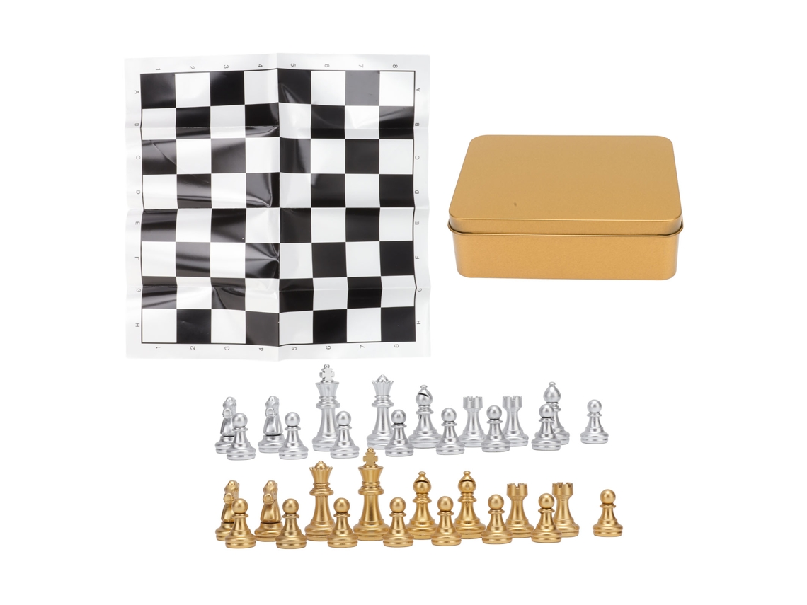 Juego De Ajedrez Internacional Con Tablero Y Estuche Metálico Portátil Para Viajes Y Fiestas Familiares.