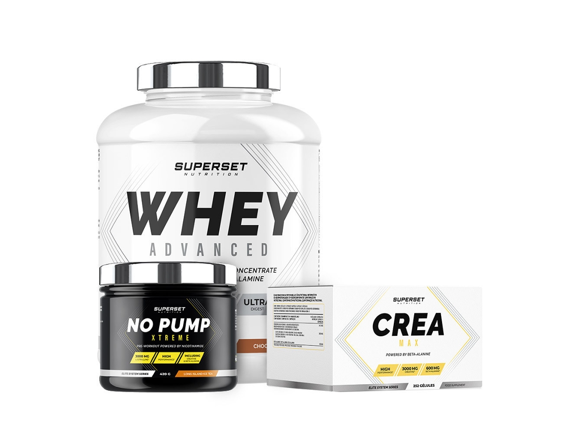 Programa de ganancia muscular en seco confirmado 100 Whey Protein Advanced 2 kg Choco Nut No Pump Xtreme Créa Max Superset Nutrition