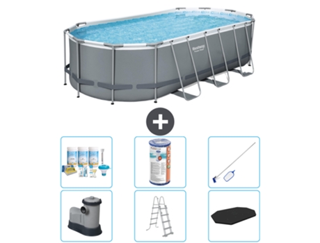 Piscina BESTWAY Oval Power Steel - 549 x 274 x 122 - Gris - Incluye bomba - Escalera - Cobertor Paquete de mantenimiento - Filtrar - kit de limpieza
