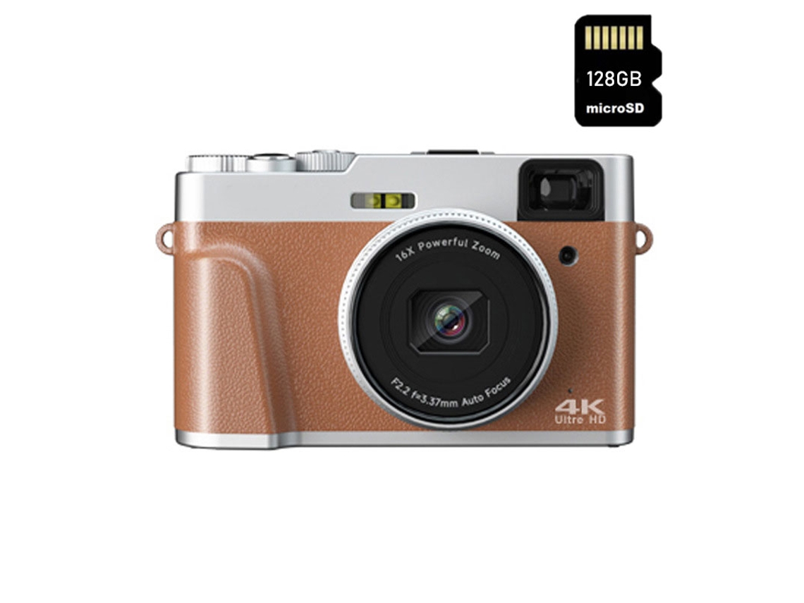 Cámara fotos réflex digital DC202L Retro Regalo de cámara 4K 48MP Enfoque automático ZOOM 16X Pantalla de 2,8 pulgadas + 128GB - Marron SZSMART