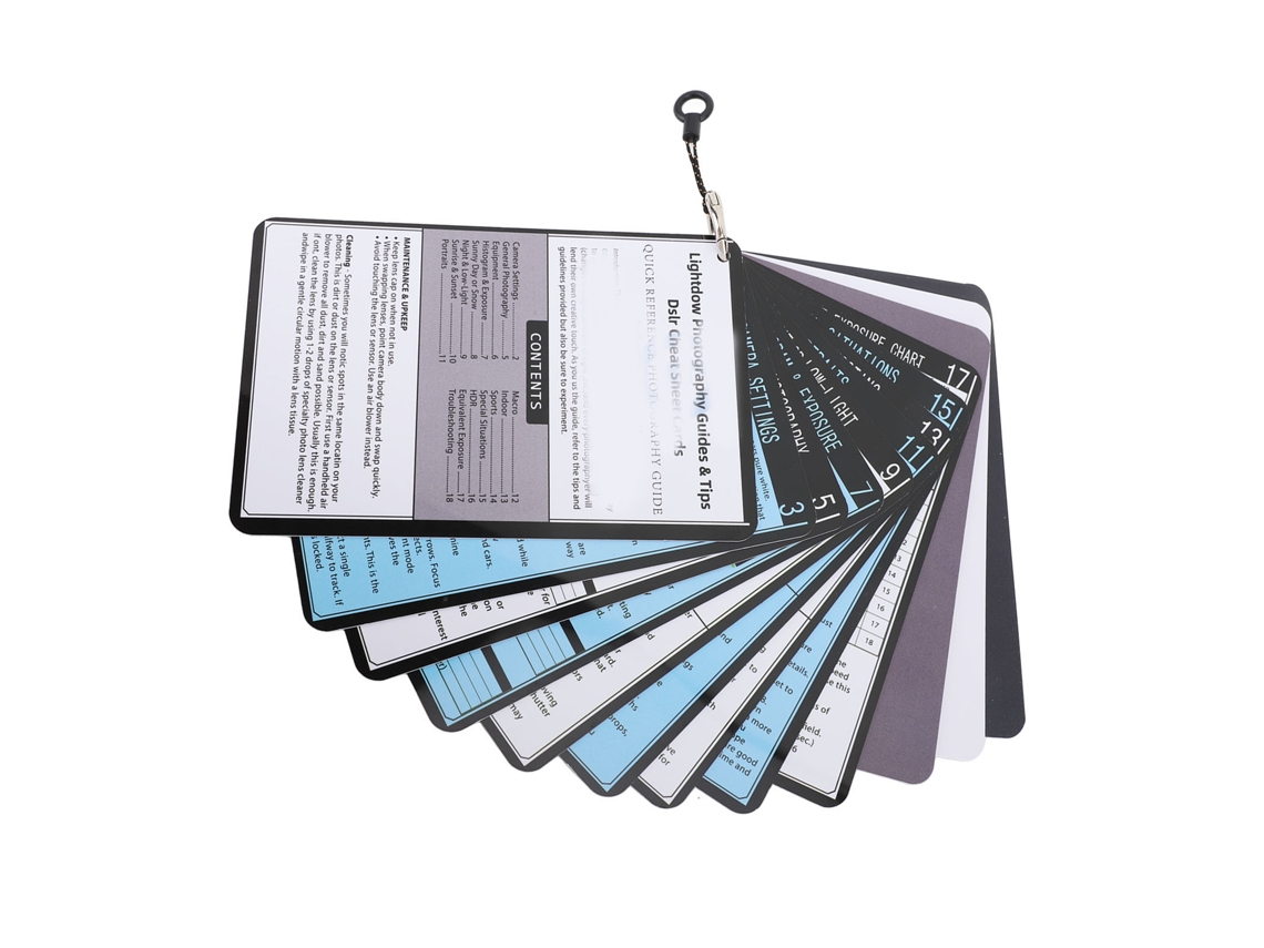 Fichas de referencia rápida para accesorios de cámara y ajustes de fotografía.