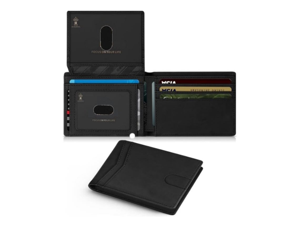 Cartera ultradelgada de piel auténtica para hombre de Panoona con protección RFID y dos compartimentos para tarjetas de identificación - Negra