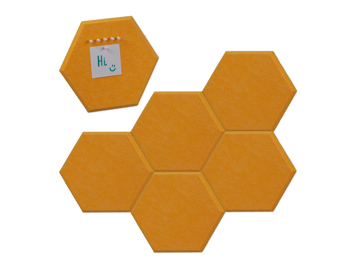 Relaxdays Set 6 Tableros De Fieltro Hexagonales, Fieltrogramas, Pizarras Anuncios, 26x30x0,9cm, Con Chinchetas, Amarillo