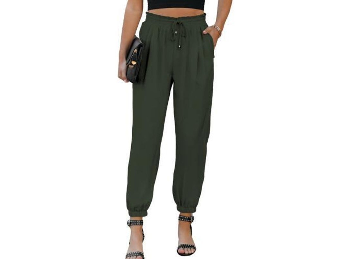 2026-pantalones Linos Casuales Para Mujer De Cintura Alta Elástica Con Cordón Y Bolsillos Sueltos M Verde