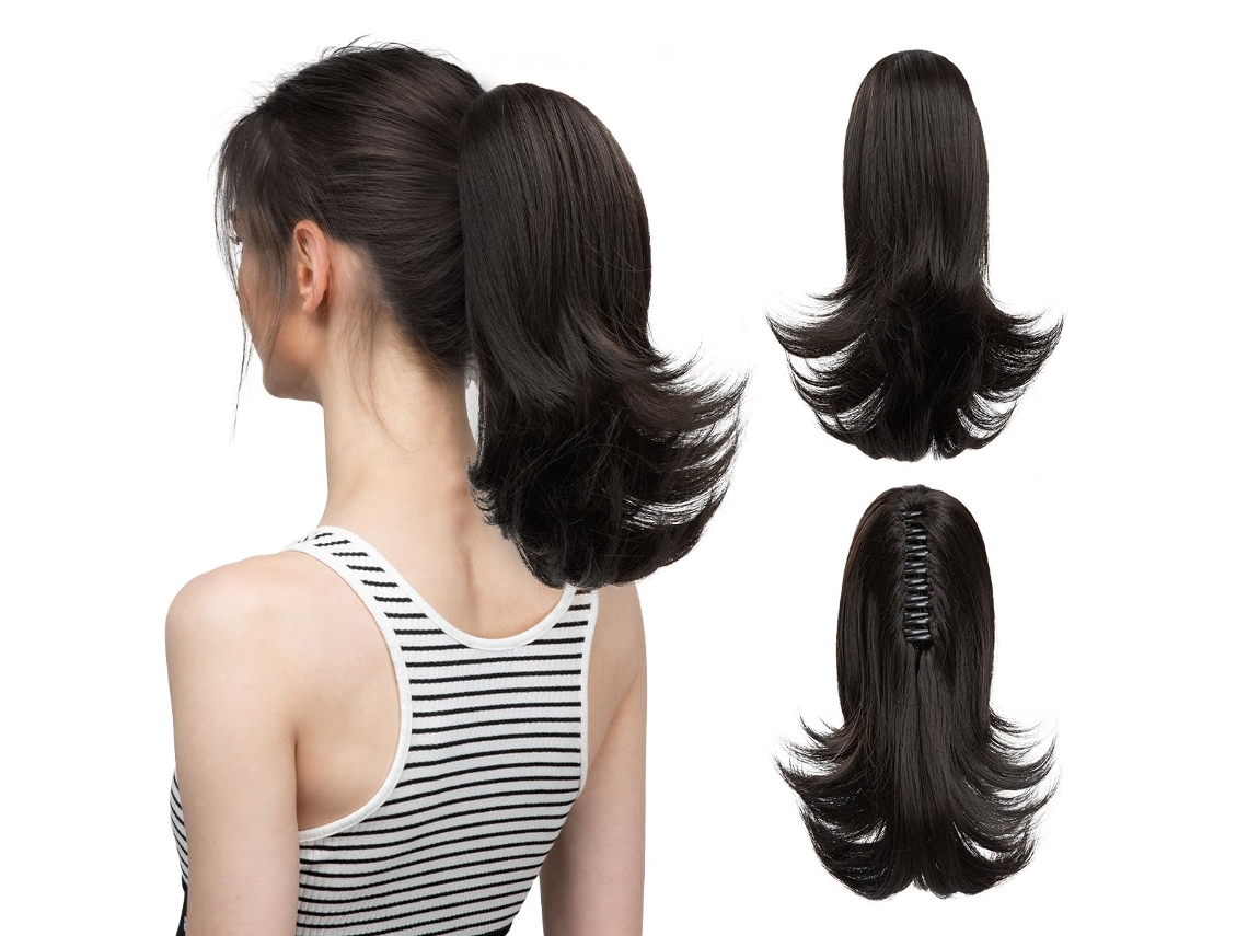 Peluca, extensión de cola de caballo con clip para mujer, microrizada (castaño oscuro/30 cm) Gertiz