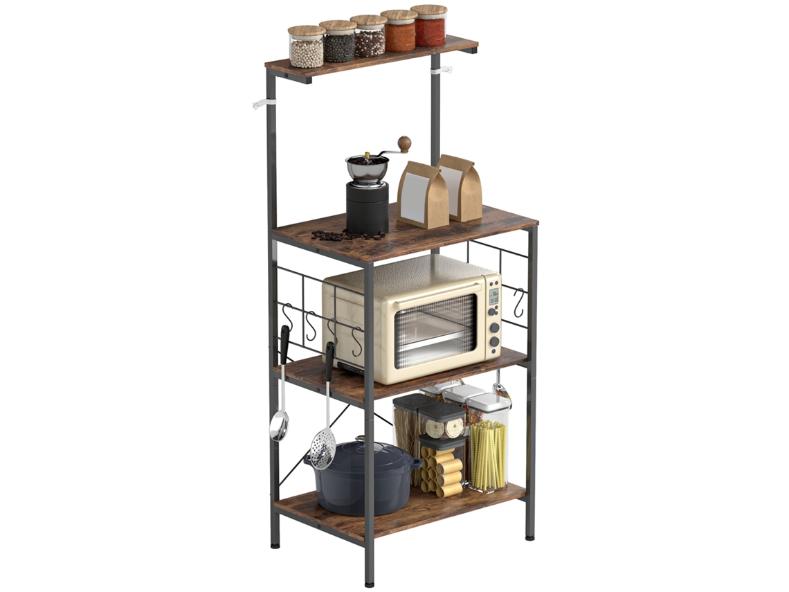 Estantería de cocina de 4 niveles para encimera, 8 ganchos, tubos metálicos, marrón y negro. ZENCORE SERVICES