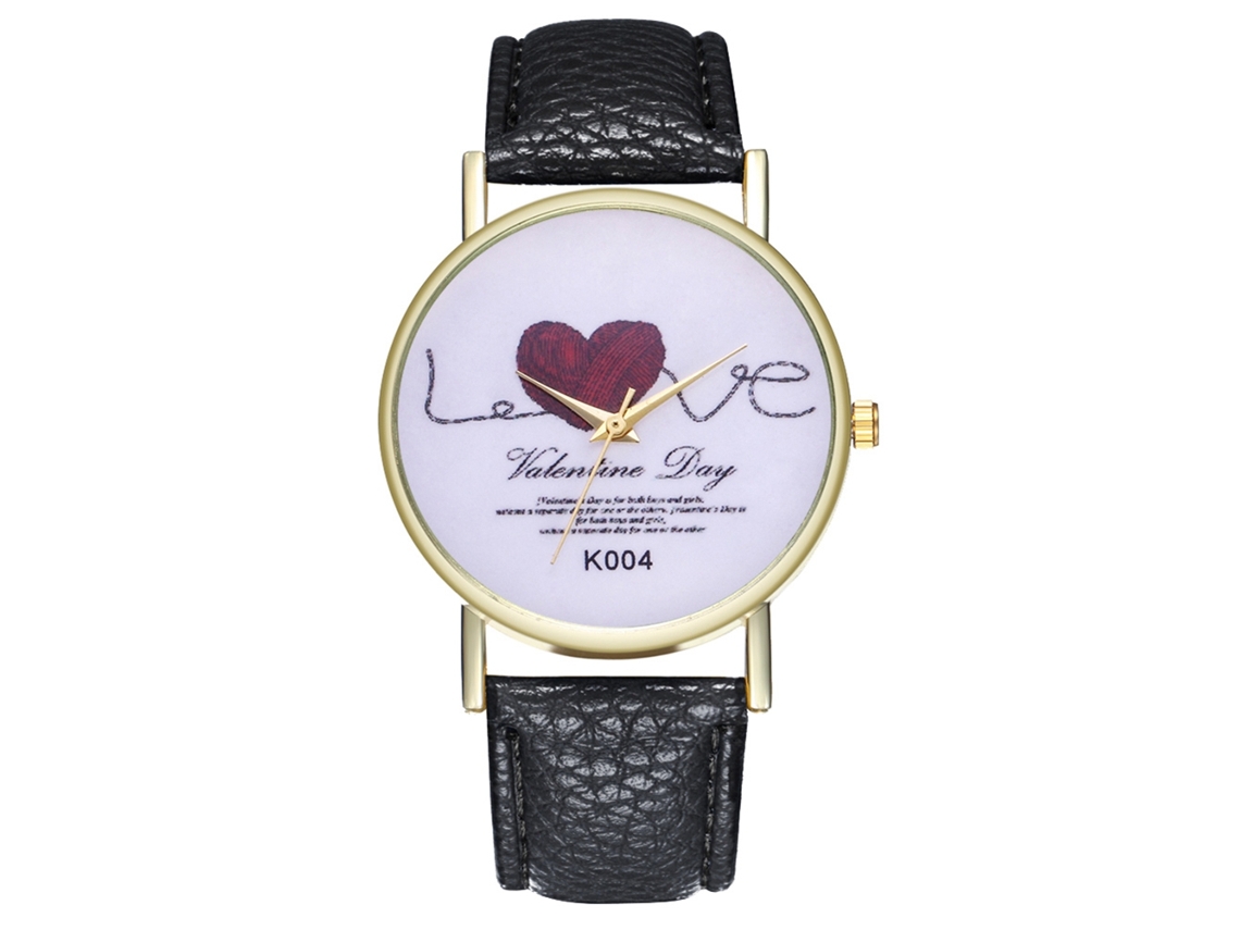 Reloj De Cuarzo De Cuero Pu Para Parejas Con Dial De Corazón Simple Y Elegante Negro