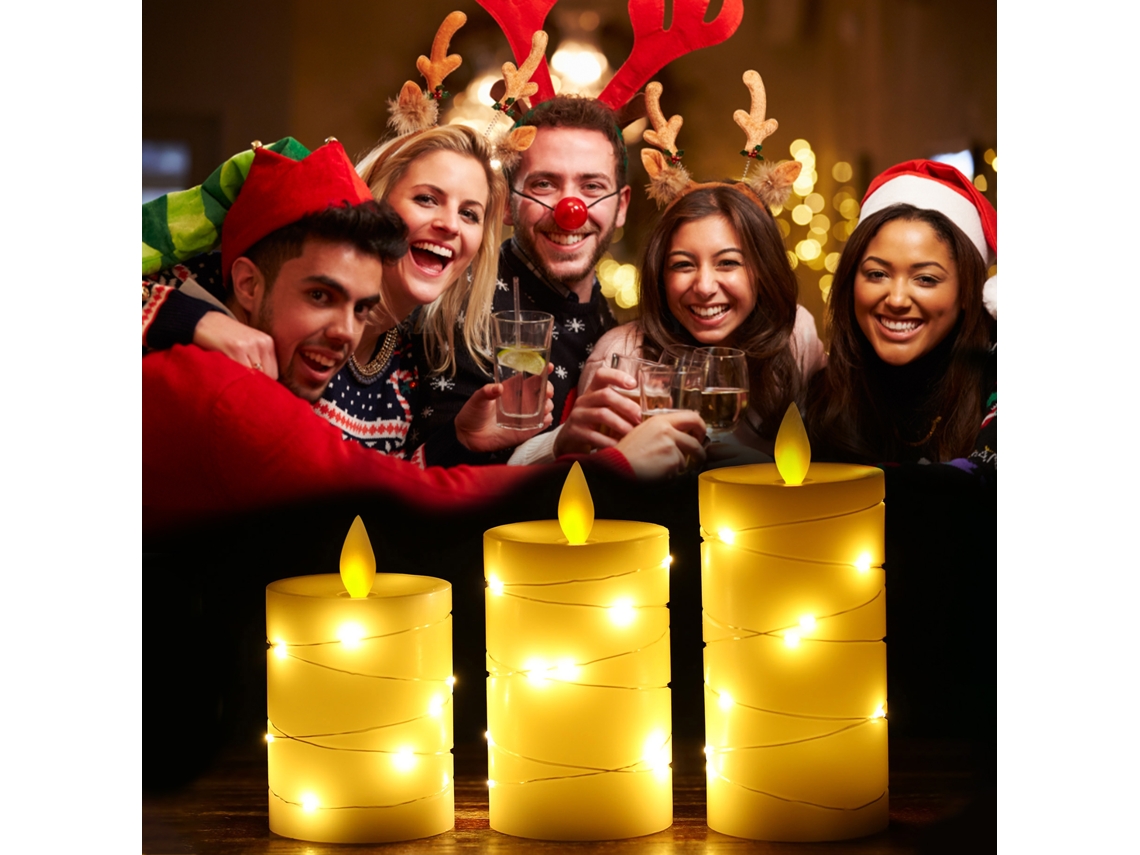 Rebe-3pcs Velas Sin Llama Parpadeantes Con Kit De Luces De Cadena Retorcida, Controlador, 5 Niveles De Brillo Y Temporizador 2h-8h