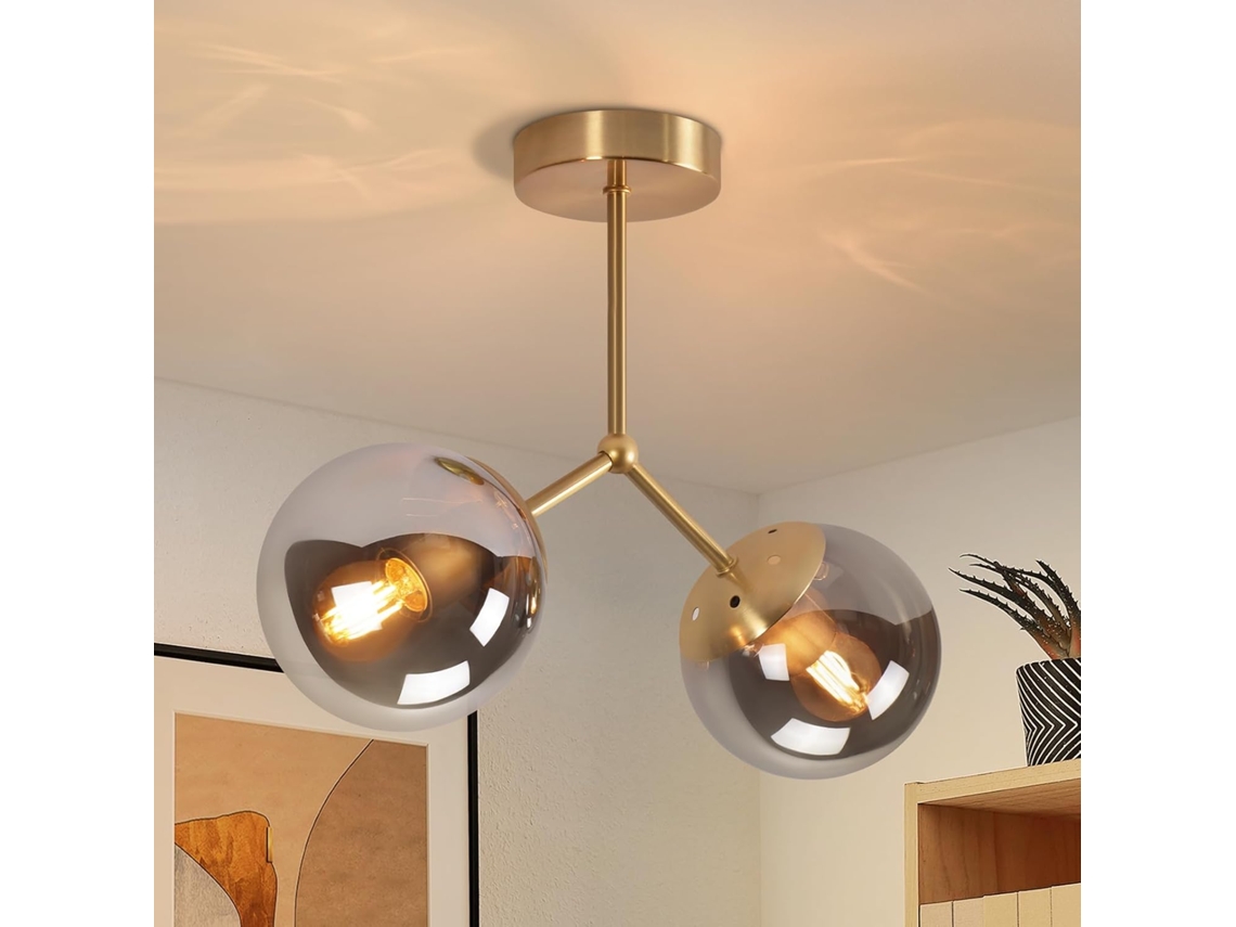 Lámpara de techo de cristal para pasillo, lámpara de techo vintage E27 para pasillo en forma de bola de cristal dorado con 2 luces Zmh