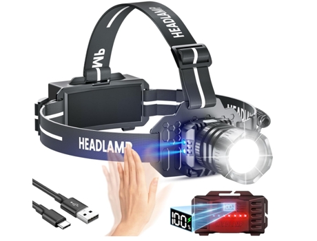 Linterna frontal LED recargable, luces frontales con zoom impermeables IPX6 para frente, faros ajustables de 90 para acampar, senderismo, caza, pes...