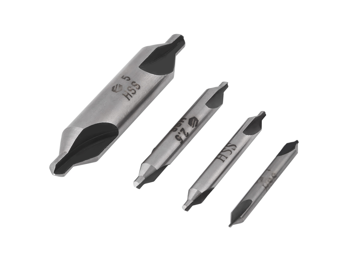 Juego de 4 brocas de centrado HSS de 60 grados de 1/2/2,5/5 mm para metales con posicionamiento de precisión.