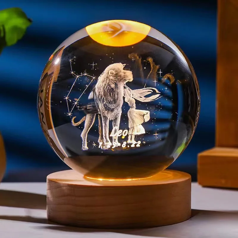 (leo 8x8cm Con Luz) Bola De Cristal De Doce Constelaciones De 6,8 Cm, Base De Madera Con Led