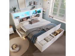 Cama De Madera Blanca De 140x200 Con Cajones Led Y Usb Para Adultos.