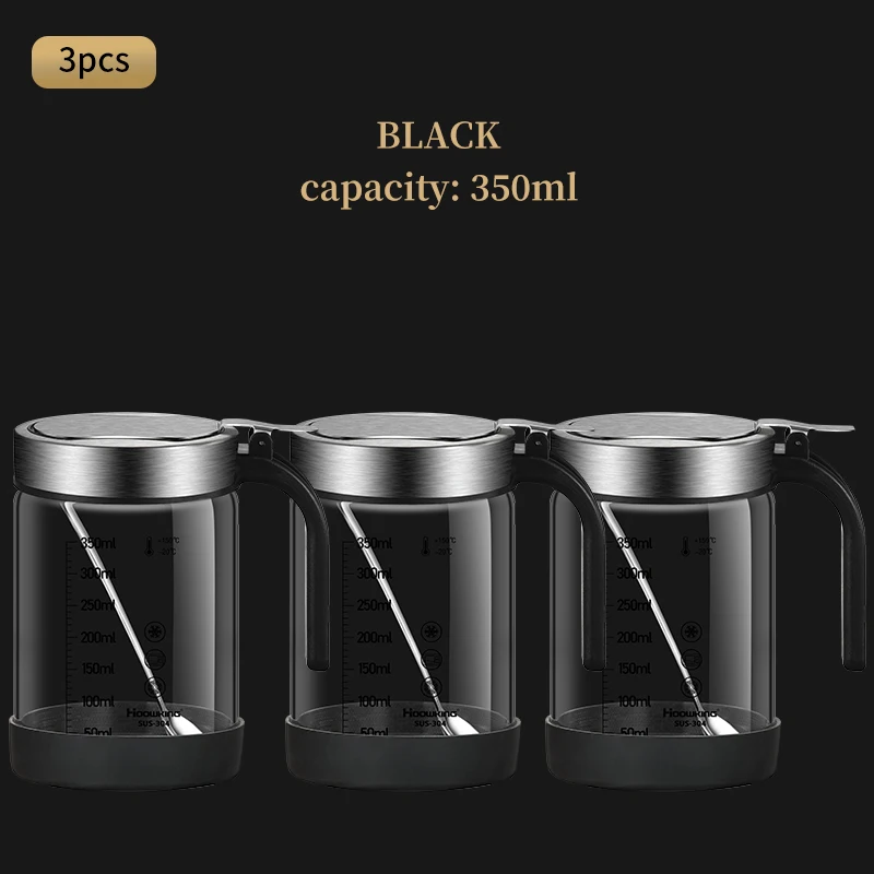 (3 Piezas, 350 Ml, Negro) Tarros De Cristal Para Especias Y Condimentos, Con Cuchara, Azucarero Y Salero, Utensilios De Cocina