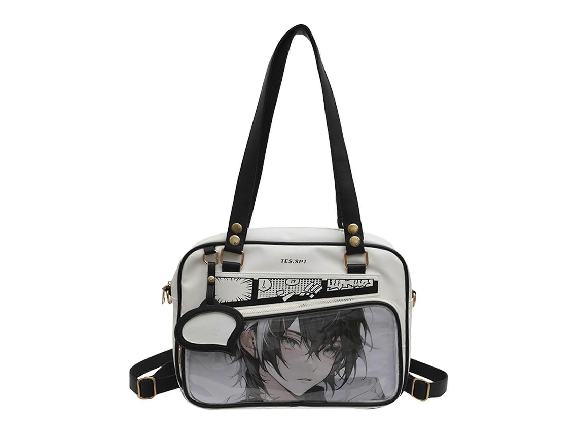 Mochila escolar transparente de piel sintética, modelo itabag, bandolera, estilo japonés, para exhibir pines, negra.