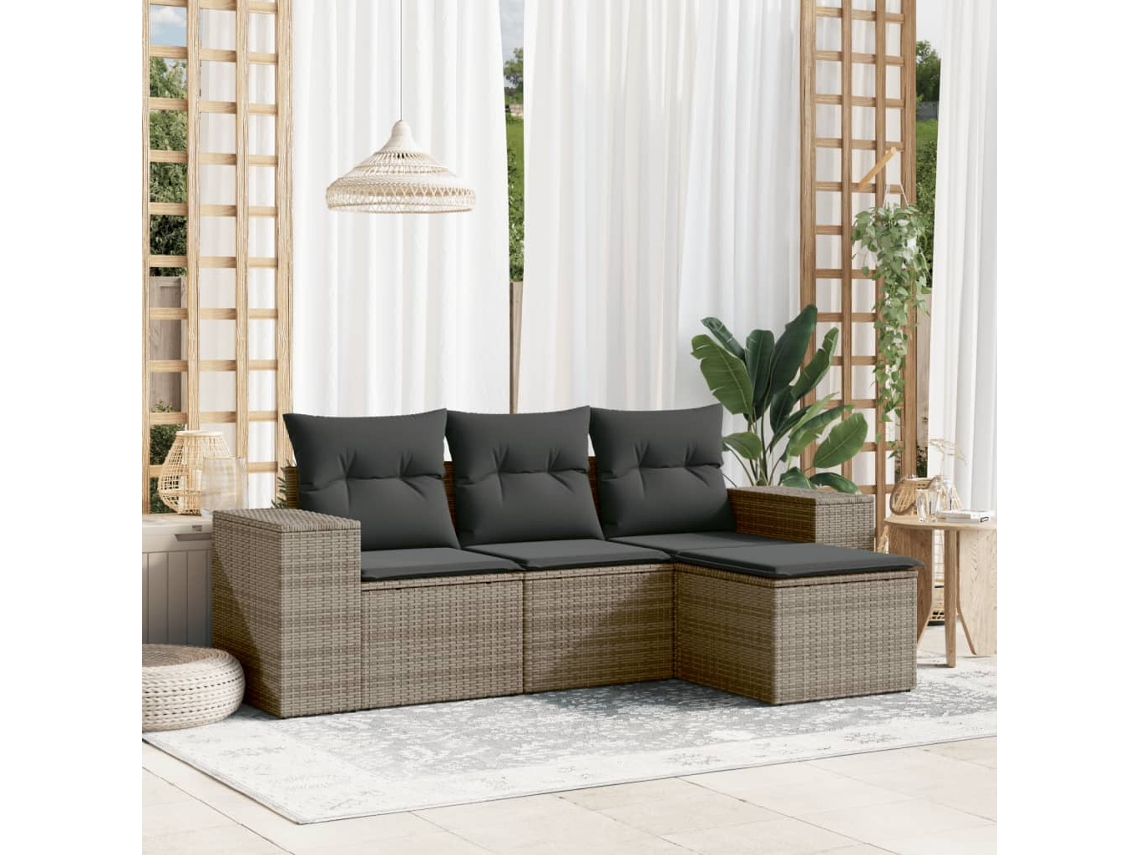 Conjunto de sofá de jardín de 4 piezas con cojines de ratán gris Lovely Home
