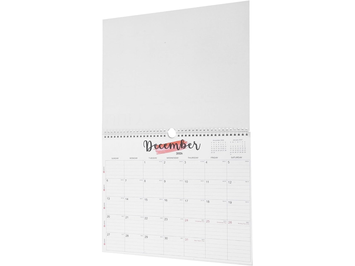 Calendario de pared mensual de gran tamaño con encuadernación en espiral, que incluye meses, fechas y días festivos.