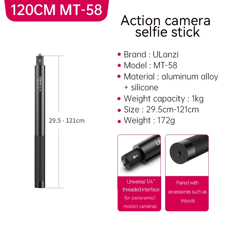 Trípode/monopié extensible MT-58 para cámara de acción, palo selfie con tornillo de 1/4'', compatible con GoPro 13-9, Insta360 X2/X3 y DJI Action 4