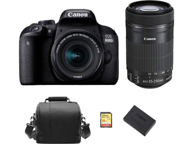 Kit Cámara Réflex CANON EOS 800D EF-S 18-55mm F4-5.6 IS STM + EF-S 55-250mm F4-5.6 IS STM + SD de 32GB + Bolsa + LP-E17