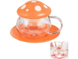 Taza De Té Champiñón Bonita De Vidrio Con Colador Y Plato Cerámico 290ml Naranja