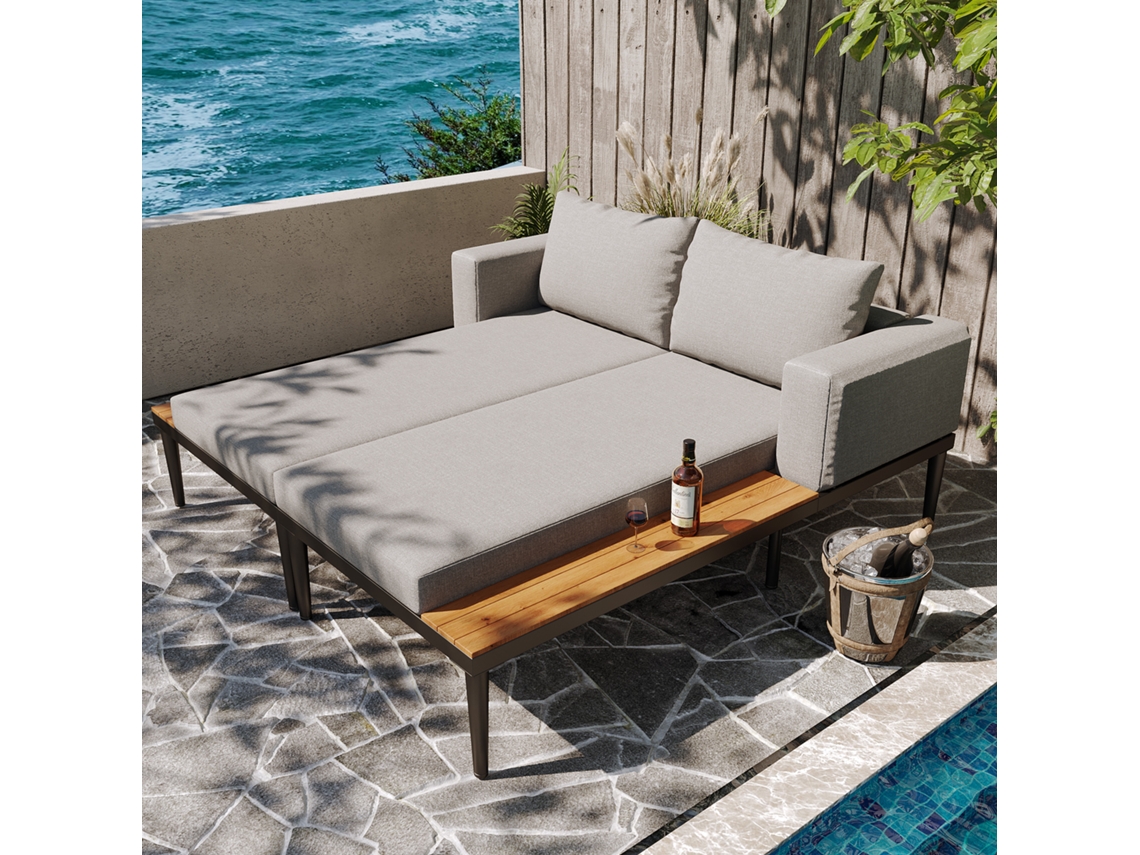 Sofá cama doble para terraza exterior, 150 x 140 x 30 cm, multifuncional, impermeable, con estante metálico, estilo poliéster gris.