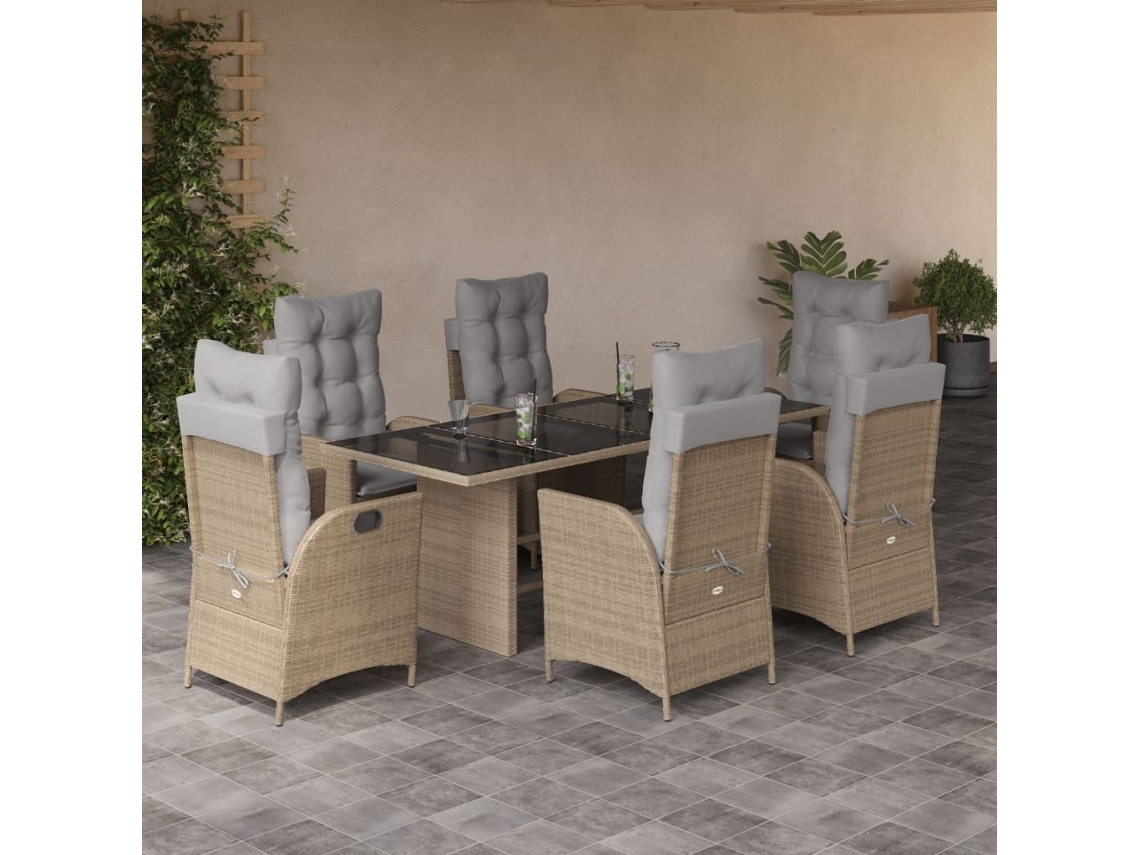 Juego de comedor de jardín de 7 piezas con cojines, mimbre beige mixto, DKD Home Decor