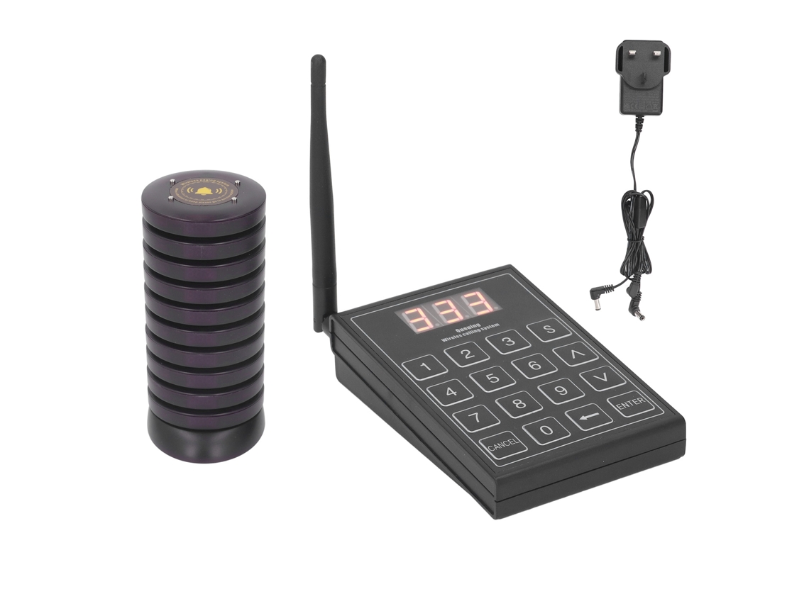 Sistema de llamada para restaurante con 10 zumbadores, 1 teclado, alcance de 1000 m, enchufe británico de 100 V y 240 V, luz dorada.