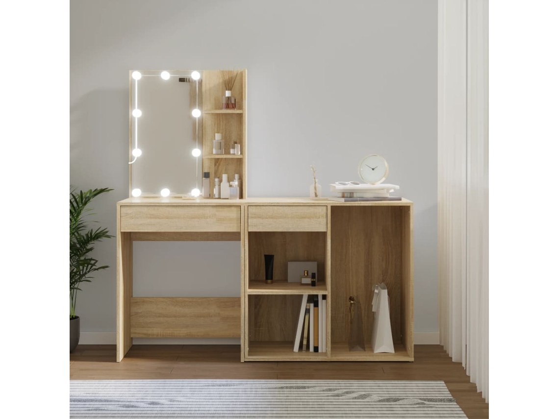Tocador con mueble y luces LED, derivados de la madera de Roble Sonoma, DKD HOME DECOR