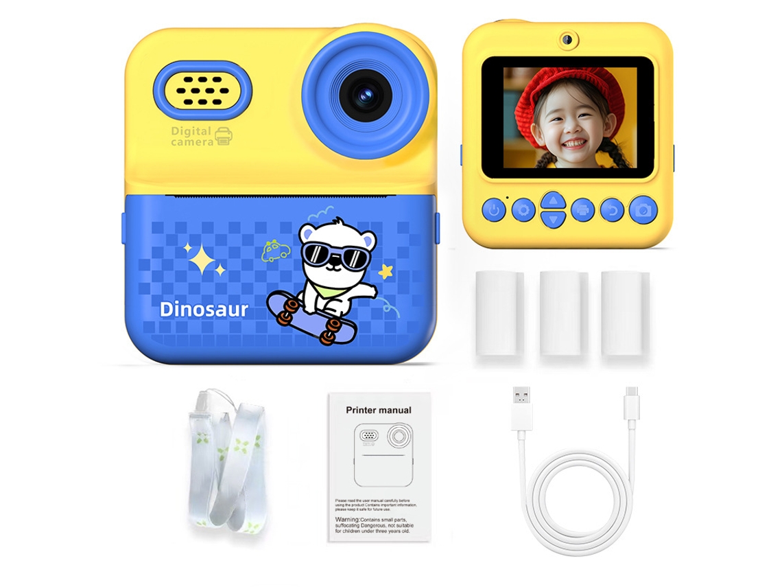 Cámara infantil modelo 2026, oso patinador azul y amarillo, cámara dual de alta definición, tarjeta imprimible D YUNZII (incluye 4 rollos de papel de color).