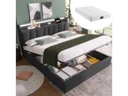 Cama 140x200 Cm Con Almacenamiento, Cabecero, Led, Usb, Somier De Madera, Tapizada Gris, Con Colchón.