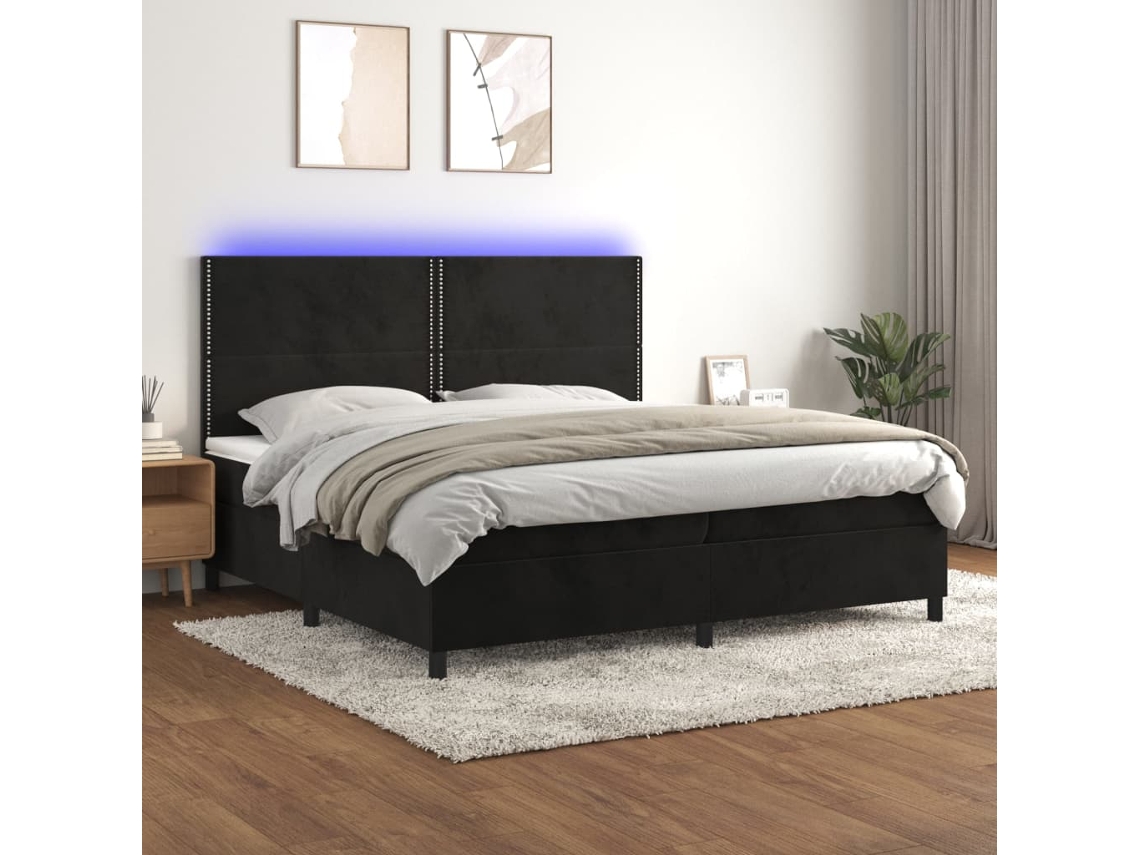 Cama Box Spring Colchón Y Led Terciopelo Negro 200x200 Cm