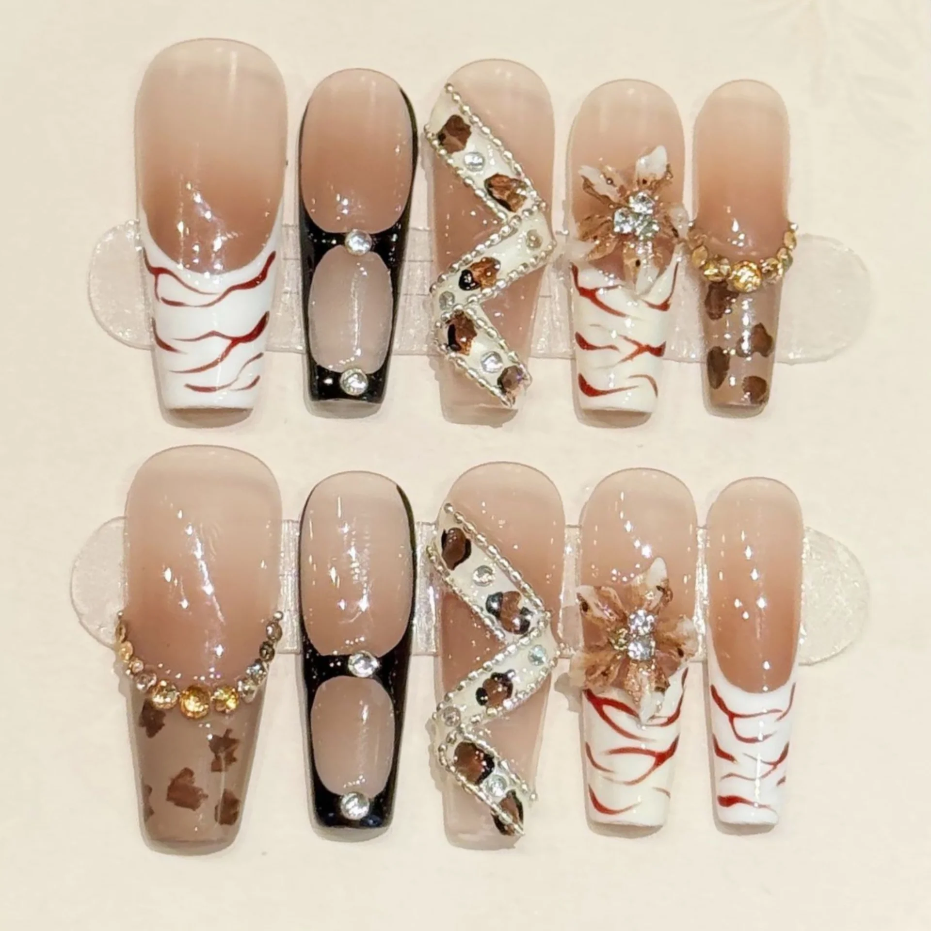 (3052-xs) 24 Uñas Postizas Largas De Ballet Hechas A Mano Tipo Prensa