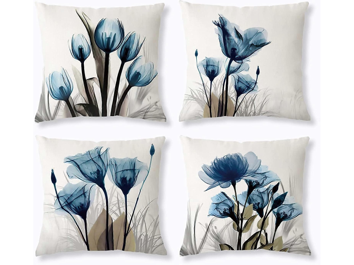 Rebe-conjunto De 4 Fundas De Almohada De Flores Azules Para Sala, Sofá Exterior 45x45 Cm
