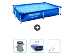 Piscina BESTWAY Rectangular Steel Pro - 221 x 150 x 43 cm - Azul - Incluida Bomba - Vela solar - kit de limpieza