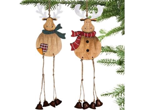 Paquete de 2 adornos para árboles de Navidad, reno grande de madera hecho a mano con cascabeles colgantes de arpillera para decoraciones de puertas