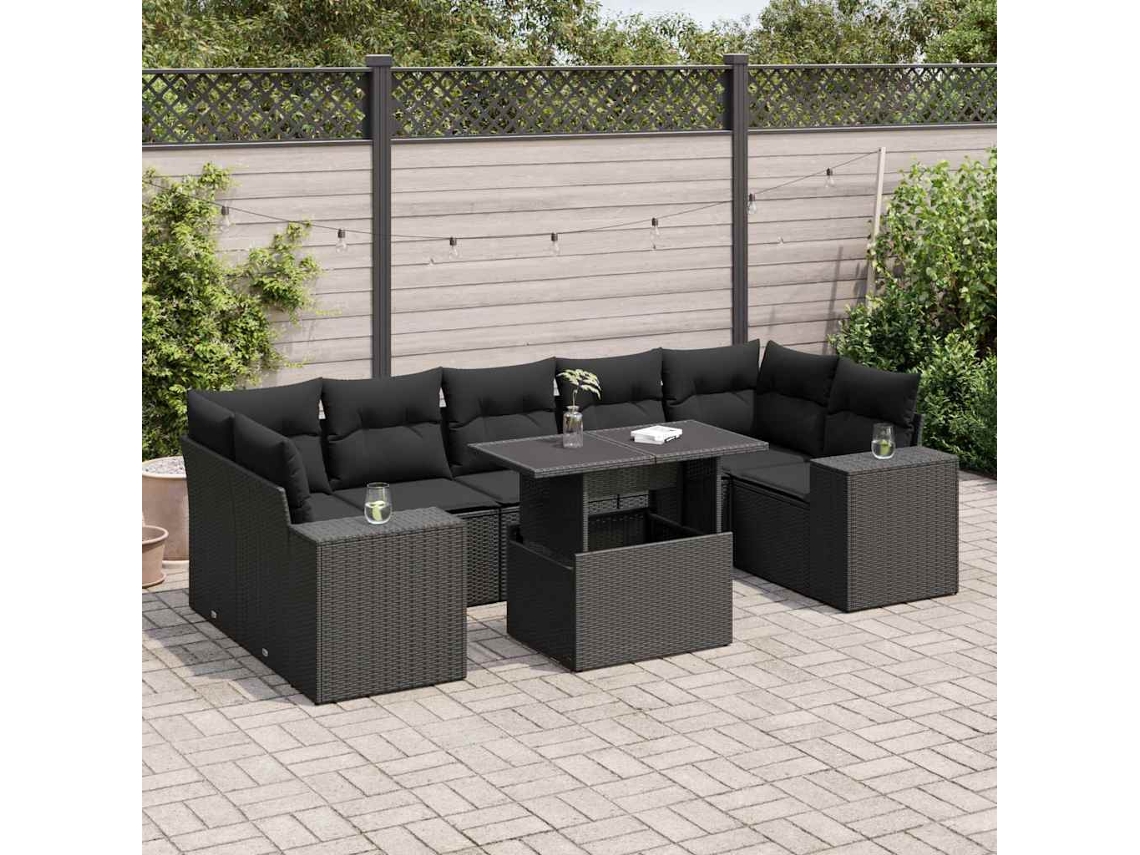 Conjunto de 8 sofás de jardín con cojines de mimbre sintético negro, Dkd Home Decor