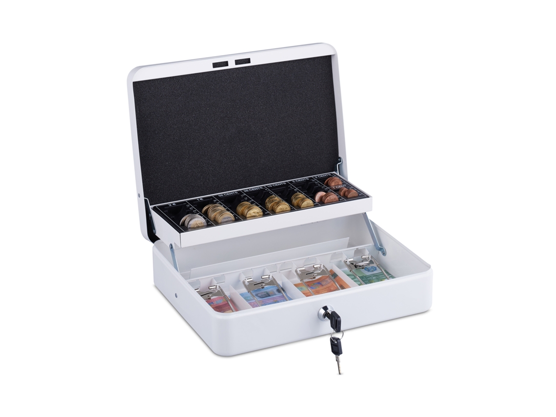 Relaxdays Caja De Dinero, Cerradura, Hierro, Bandeja Para Monedas Y 4 Espacios Para Billetes, 8,5x30,5x24,5 Cm, Blanco