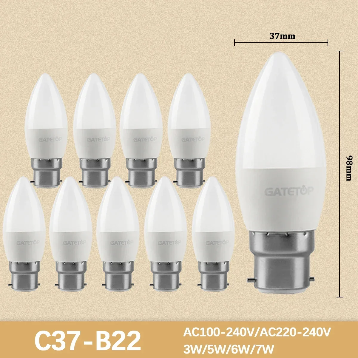 (c37 B22, Blanco Frío 6000k) 10 Mini Bombillas Led De Alto Lumen, Sin Parpadeo, Adecuadas Para La Iluminación De Habitaciones Del Hogar.
