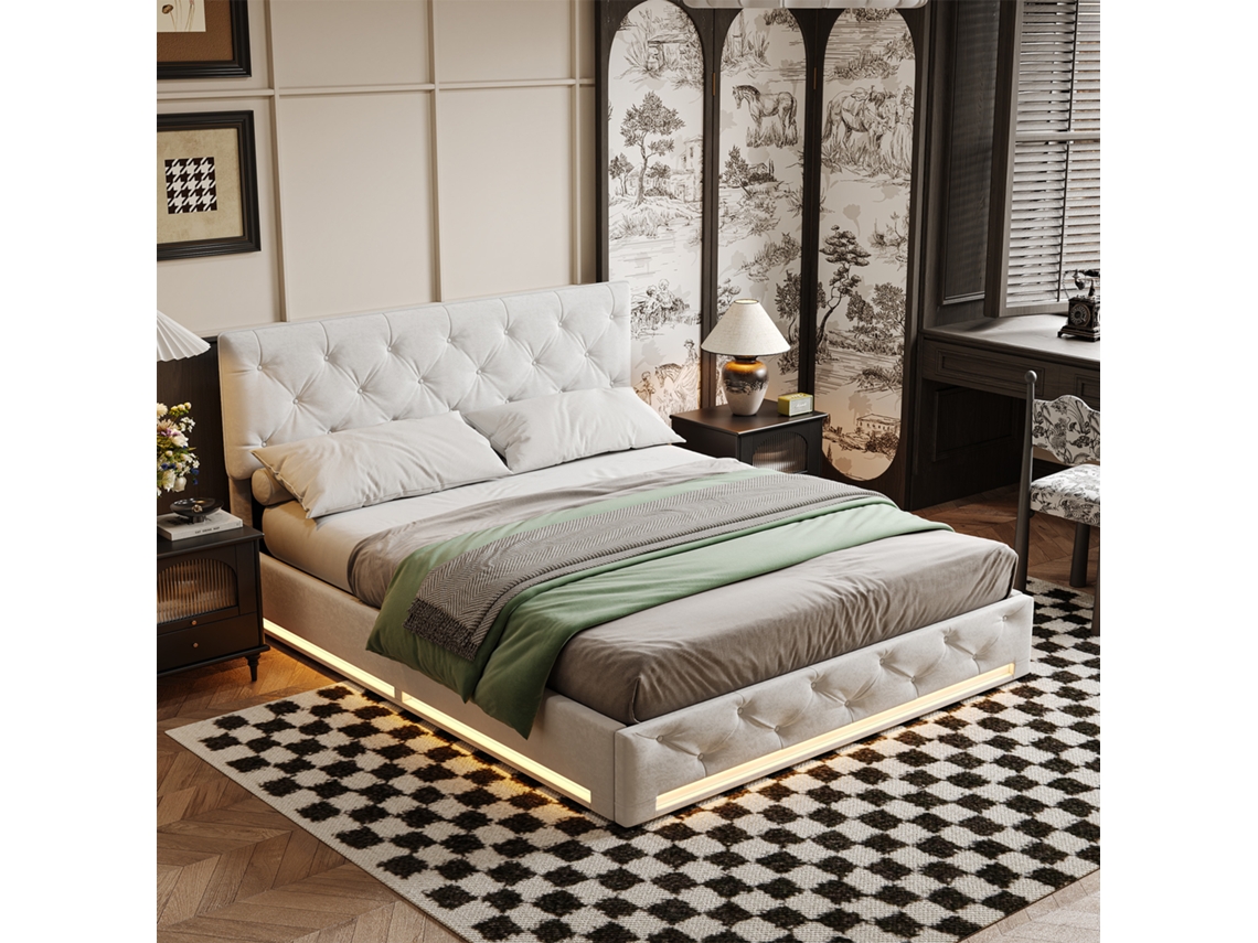 Rosahqnda Cama Con Canapé Hidráulico De 140 X 200 Cm, Cama Doble Con Espacio De Almacenamiento, Cama Led Con Cabecero, Sin Colchón